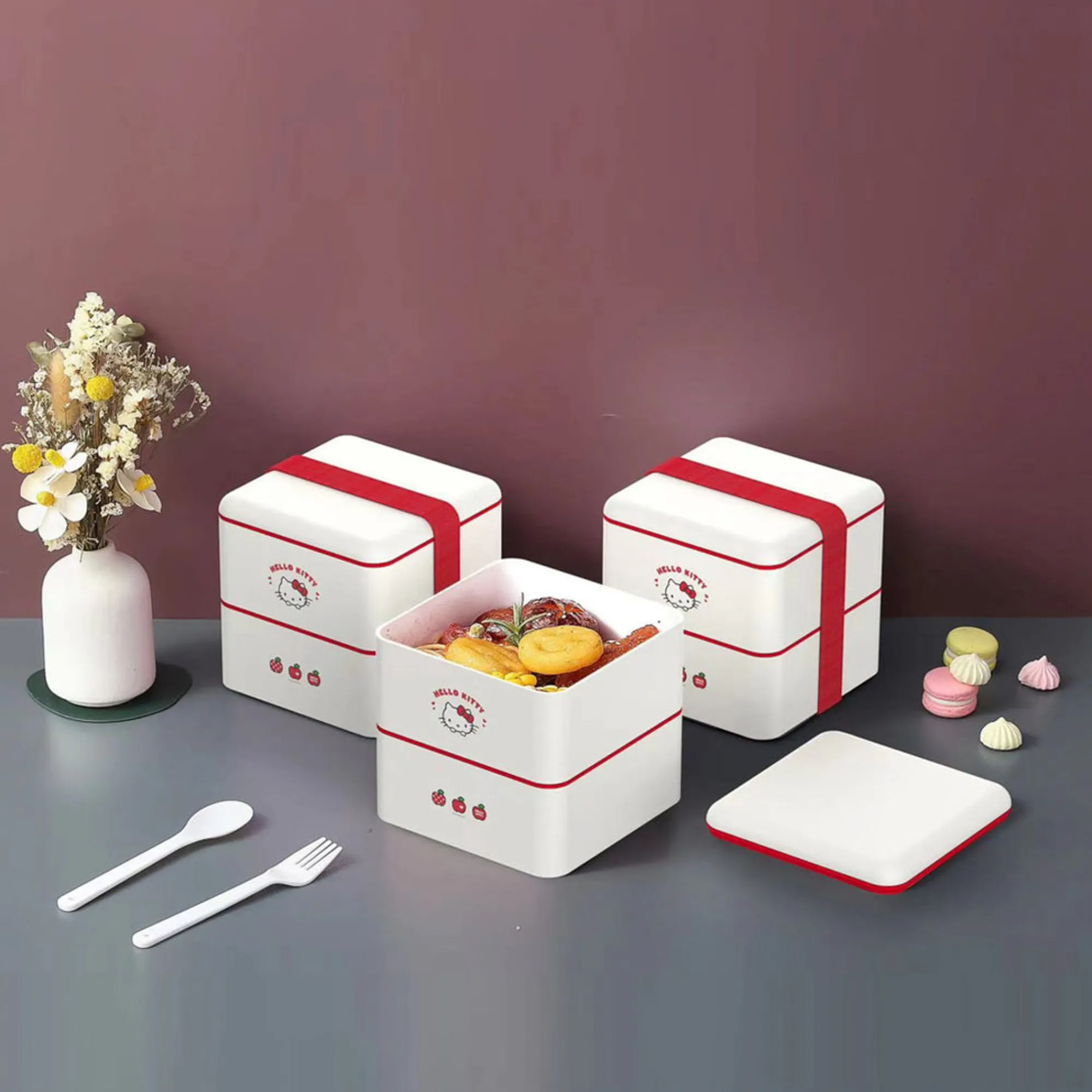 Porta Pranzo Hello Kitty Apple Due Piani Con Posate*MINISO
